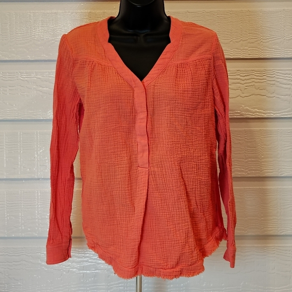 marled essentials Tops - Women's Small Coral/Pink Gauze Long Sleeves Blouse Raw Hem 100% Cotton Flowy